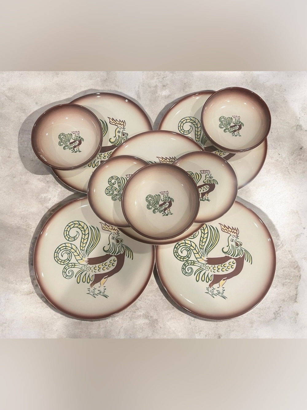 MCM Brock of California Chanticleer rooster pattern ceramic dinnerware Set.